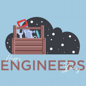 Illustration of a toolbox with tools and the text 'Happy Engineers Day'