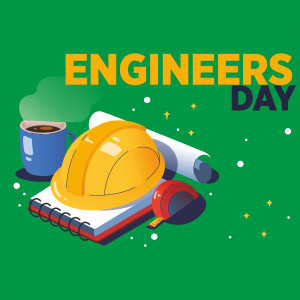 Illustration for Engineers Day featuring a hard hat, blueprints, and coffee.