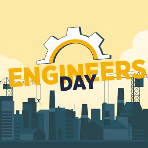 Engineers Day graphic with gears, cityscape, and construction cranes.