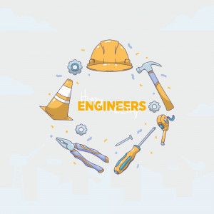 Illustration of engineering tools including a hard hat, hammer, wrench, and gears.