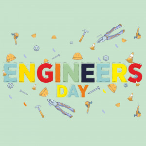 Colorful illustration celebrating Engineers Day with tools and equipment