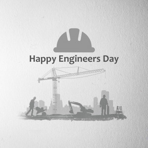 Silhouette of a hard hat, construction workers, and a city skyline with a crane, celebrating Engineers Day.