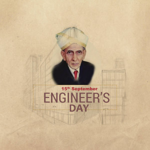 Portrait of Sir M. Visvesvaraya with Engineers Day text and architectural blueprint background