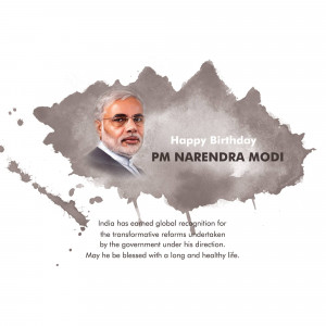 Portrait of Narendra Modi with a brushstroke India map background and birthday wishes.