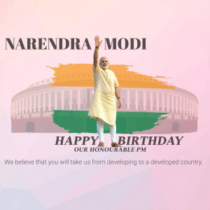 Image of Narendra Modi with Indian flag and Parliament building, wishing him a happy birthday.