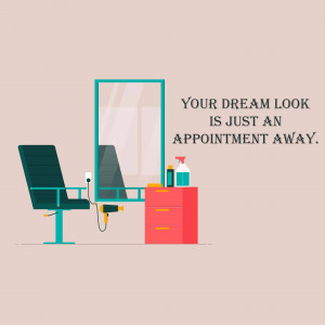 Illustration of a salon chair and mirror with text promoting appointments.
