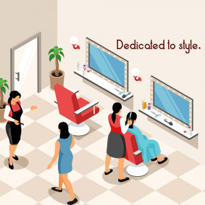Isometric illustration of a modern hair salon with stylists and clients.