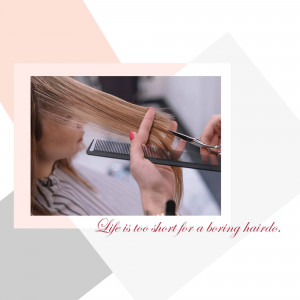 A hairstylist cutting a woman's long blonde hair with scissors and a comb.