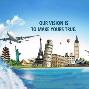 Collage of famous landmarks around the world with a plane and text 'Our Vision is to Make Yours True'