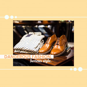 A stylish arrangement of brown leather shoes and a patterned shirt on a wooden surface with a fashion-themed graphic.