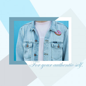 Person wearing a denim jacket with a donut pin, promoting authenticity.