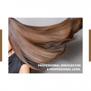 Close-up of flowing brown hair with text promoting professional hair services.