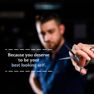 A barber holding scissors with a blurred background and motivational text.