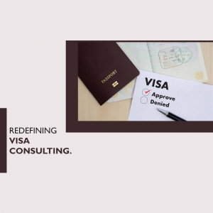 Passport, visa approval notice, and pen on a table with text 'Redefining Visa Consulting'.