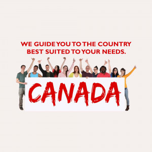 Diverse group of people holding a banner with the word 'CANADA' on it.