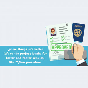Illustration of an approved visa application with a passport and hand holding a credit card.