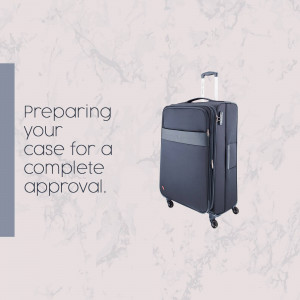 A gray suitcase on a light pink marble background with text 'Preparing your case for a complete approval.'