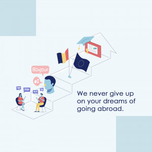 Illustration depicting international study with flags, a graduate, and students.