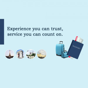 Travel essentials including passport, luggage, and landmarks.