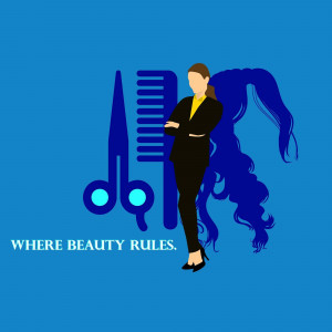 Logo for a hair salon featuring a woman, scissors, and a comb.