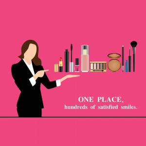 Woman presenting various cosmetic products