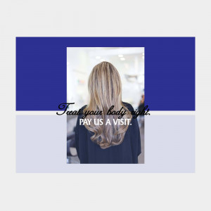 Woman with beautiful highlighted hair in a salon, advertising a visit.