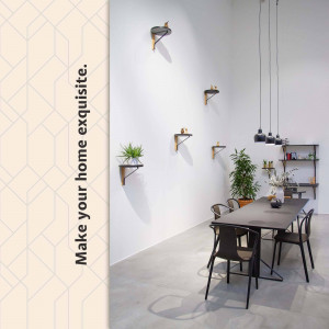 A minimalist dining room with a grey table, black chairs, and unique wall-mounted shelves with plants.