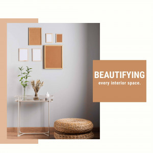 Interior design with framed art and decorative elements