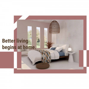 Modern bedroom with a minimalist design and warm tones.