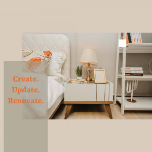 A well-lit bedroom with a white bed, nightstand, and bookshelf.