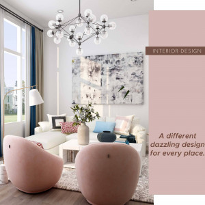 A stylish and modern living room with a neutral color palette and unique lighting.