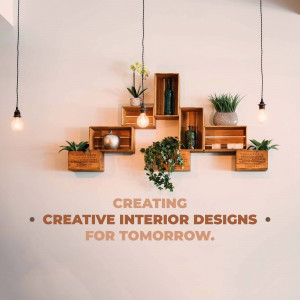 Wall-mounted rustic wooden box shelves with plants and decorative items.