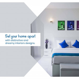 Modern bedroom with blue accents and artwork