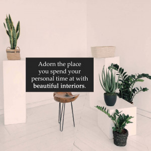 Minimalist interior design with plants and a quote about home