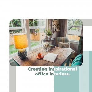 A cozy home office with a wooden desk, lamp, and view of a garden.