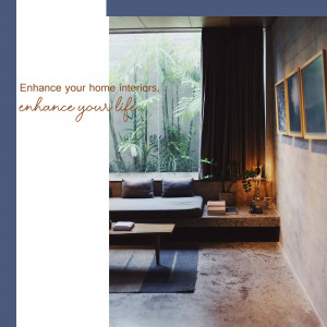 A cozy living room with a view of lush greenery.