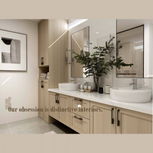 A modern bathroom with a double vanity and minimalist decor.