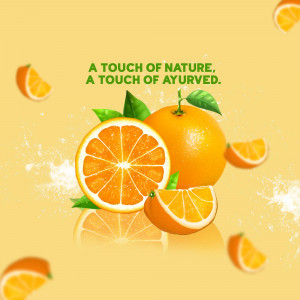 Close-up of oranges with green leaves and text 'A touch of nature, a touch of ayurved'.