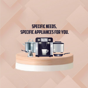 Assortment of kitchen appliances including coffee maker, pot, rice cooker, and more on a light brown platform.