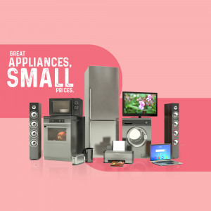 A collection of home appliances including a refrigerator, microwave, speakers, washing machine, printer, and laptop, with promotional text.
