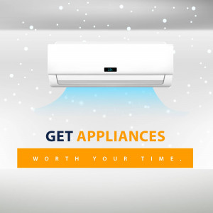 Illustration of a wall-mounted air conditioner with a promotional banner.