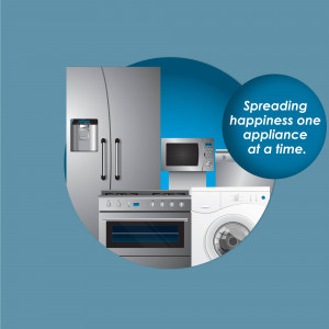 Image of various kitchen and laundry appliances with promotional text.