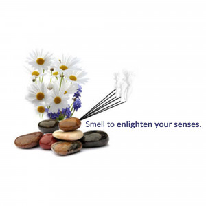 A zen garden arrangement with smooth stones and chamomile flowers, with a scent trail graphic.