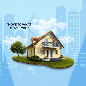 Yellow house on a floating island with a city skyline background