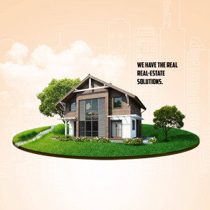 Modern house on a green hill with text 'We Have The Real Estate Solutions'