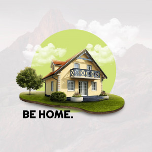 Illustration of a yellow house with a red roof set against a mountain backdrop