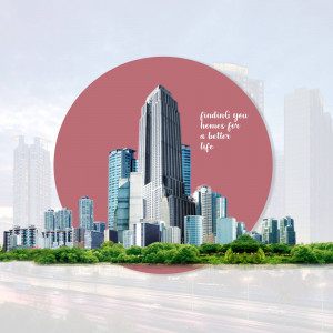Modern city skyline with a red circle and text overlay.