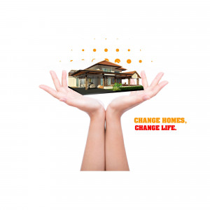 Hands holding a house illustration with text 'Change Homes, Change Life'