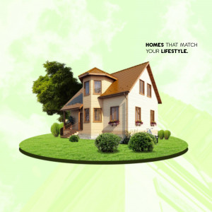 A charming two-story house with a light-colored facade and orange roof, set on a circular green patch.