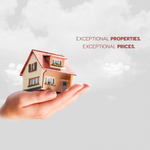 A hand holding a miniature house against a cloudy sky with text 'Exceptional Properties, Exceptional Prices'.